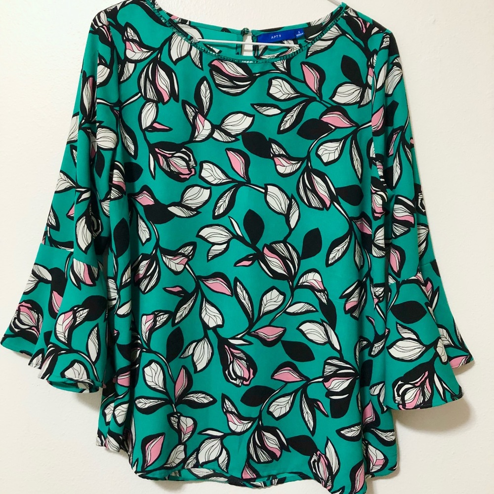 APT 9 teal and pink floral blouse, flowy bell sleeves and fit, size S